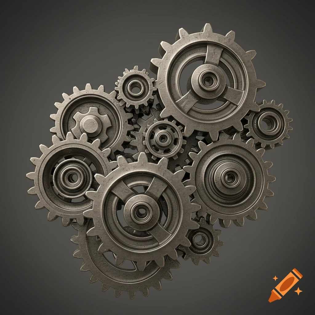 Cluster of metallic gears on a dark background