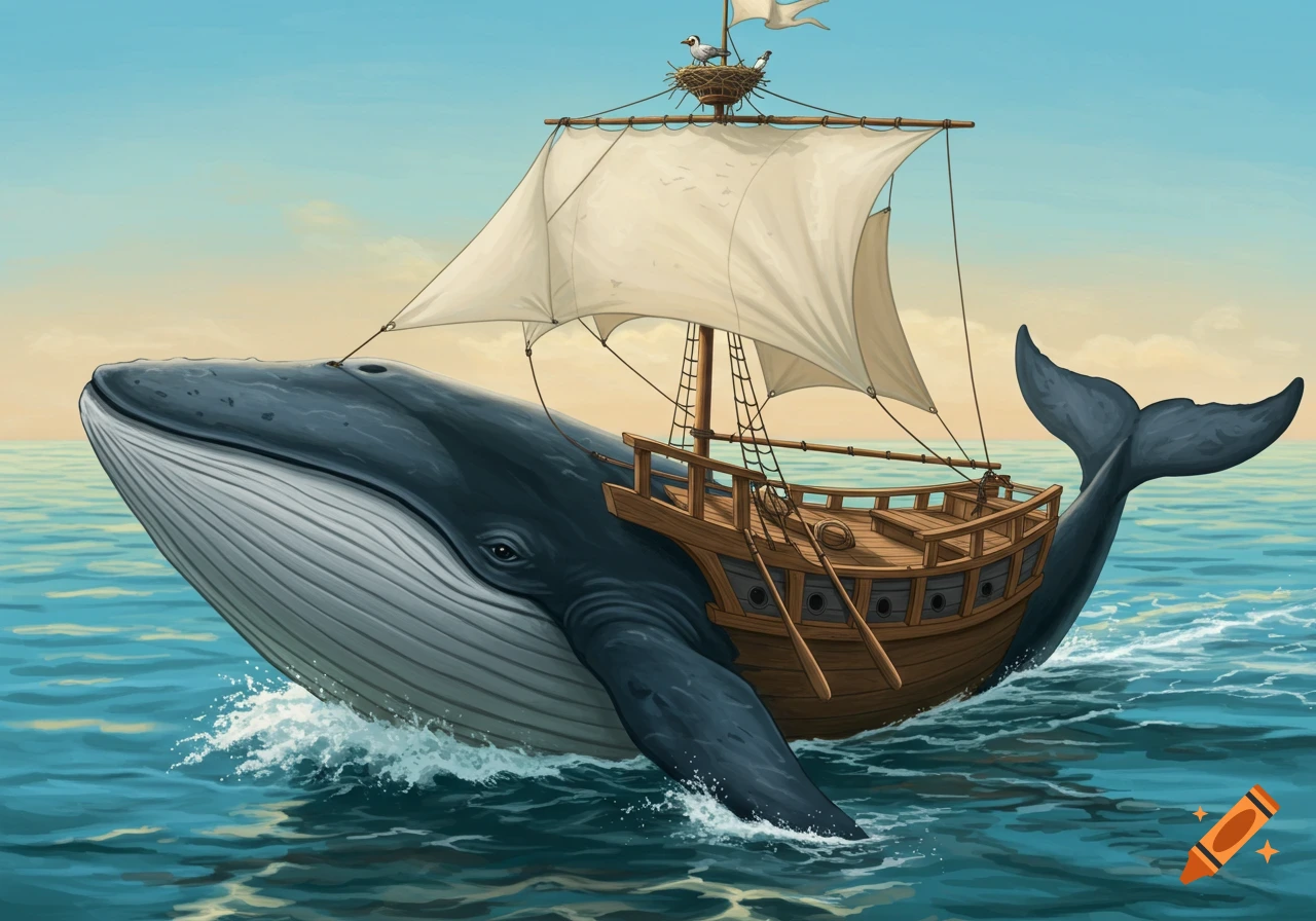 Illustration of a large whale swimming in the ocean with a boat built on its back, sails billowing.
