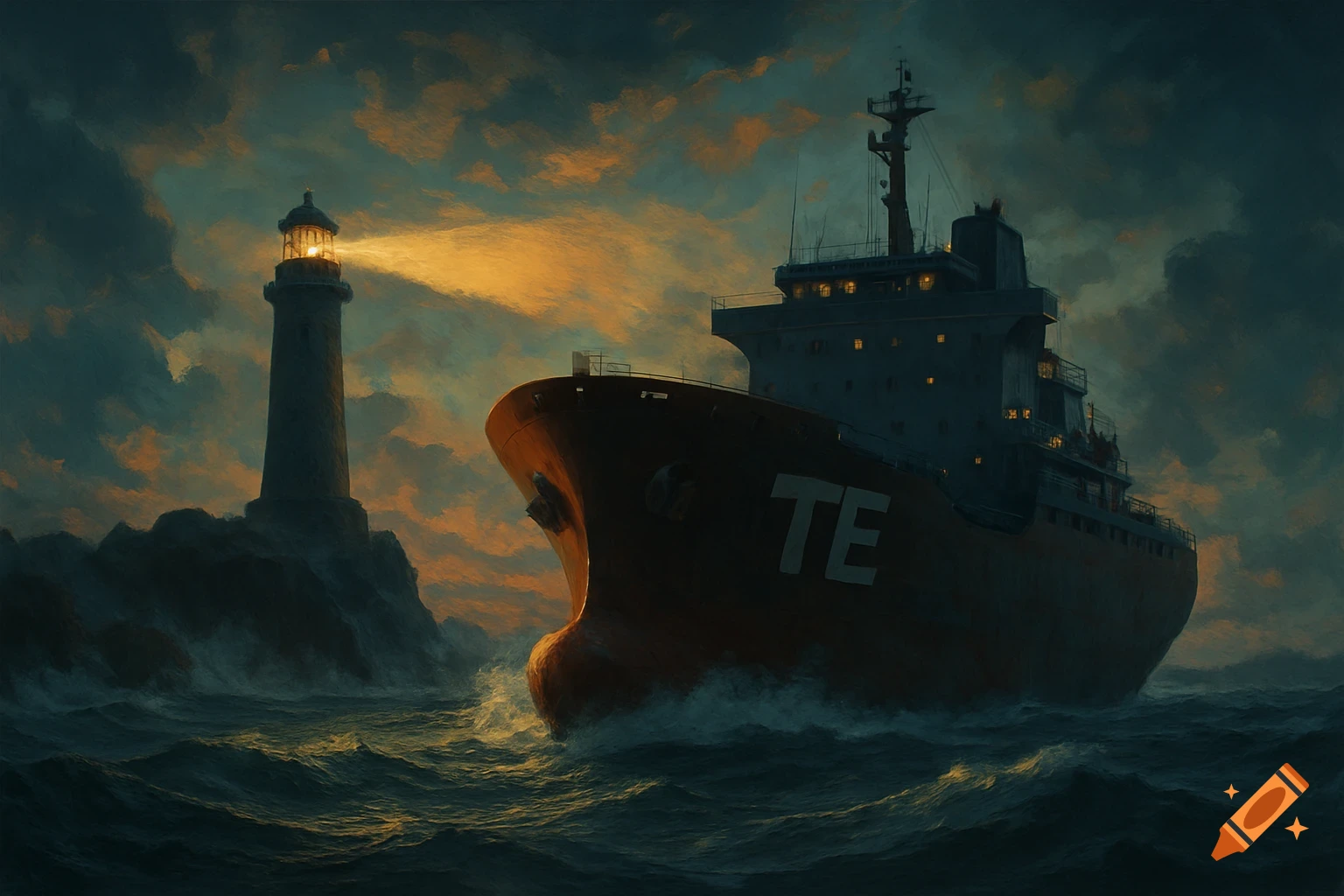 Large ship with 'TE' logo near a lighthouse on rough seas at sunset, painted style.