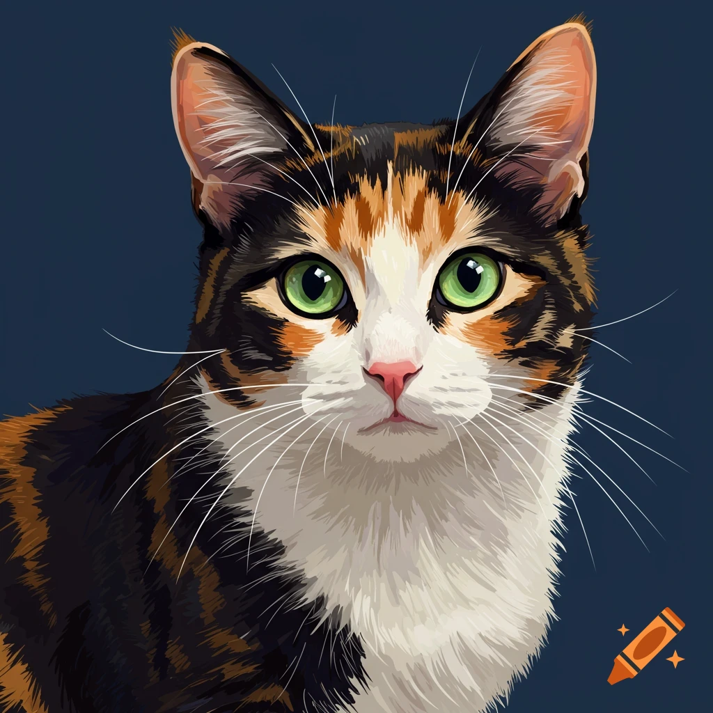 A graphic painting close-up portrait of a calico cat with green eyes.