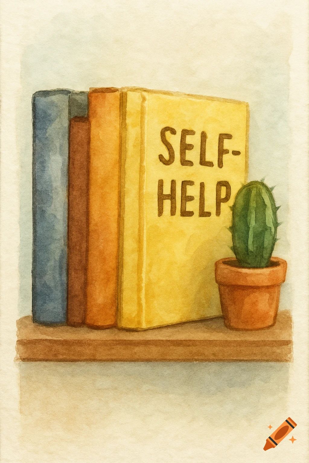 Watercolor painting of a shelf with books and a small cactus.
