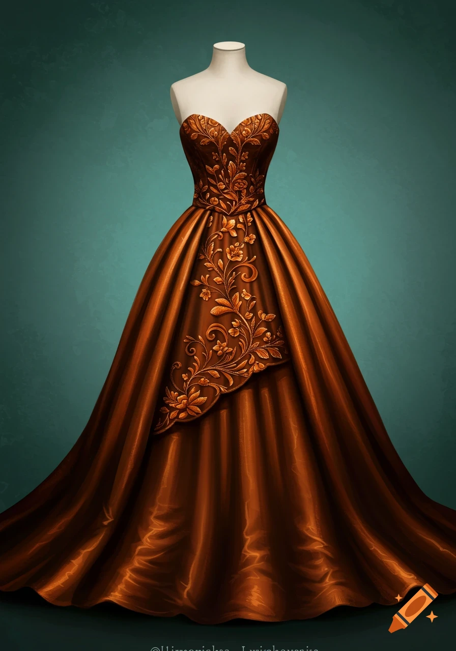 A brown and orange strapless dress with intricate gold embroidery on a mannequin.
