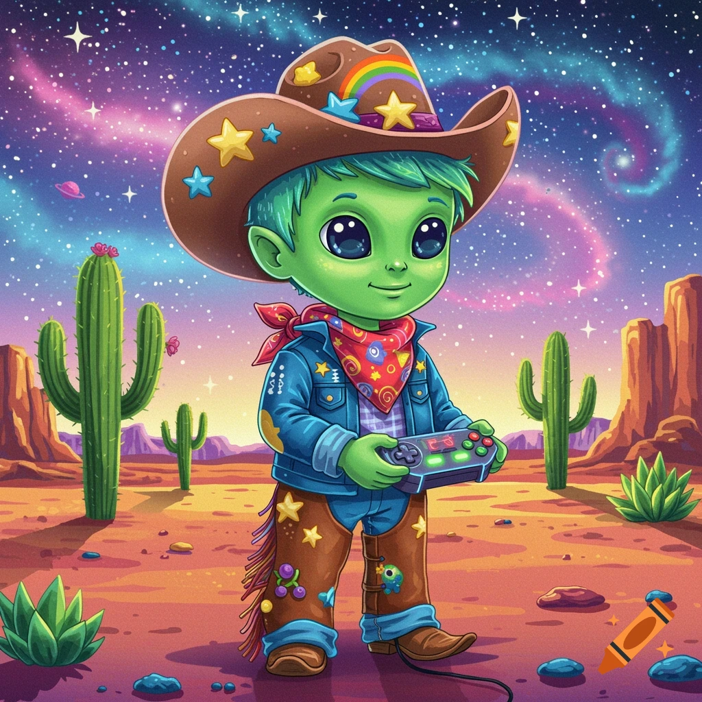 A cute cartoon alien boy in a cowboy outfit holds a game controller in a starry desert.