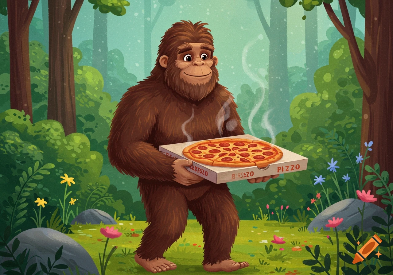 Cartoon Bigfoot walking through a forest holding a pizza box, illustration