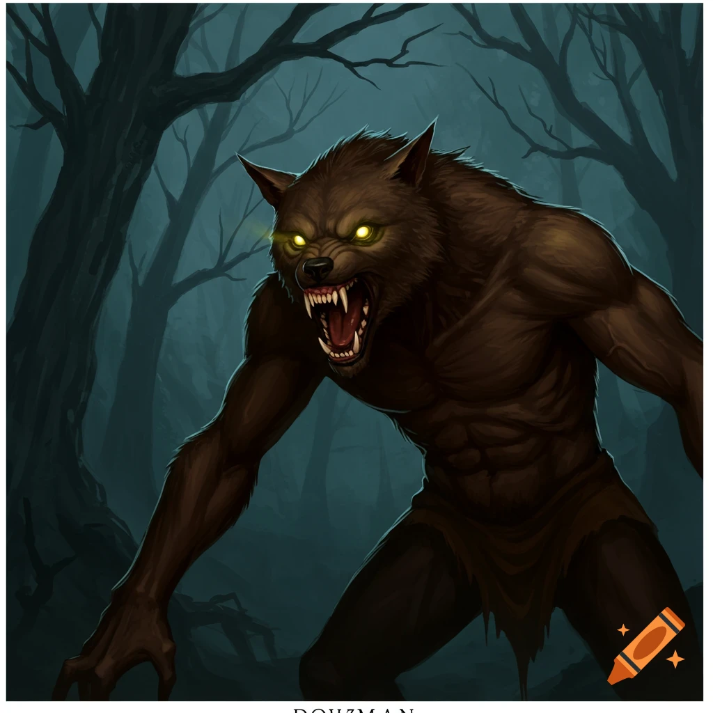 Digital painting of a snarling werewolf with glowing eyes standing in a dark, misty forest.