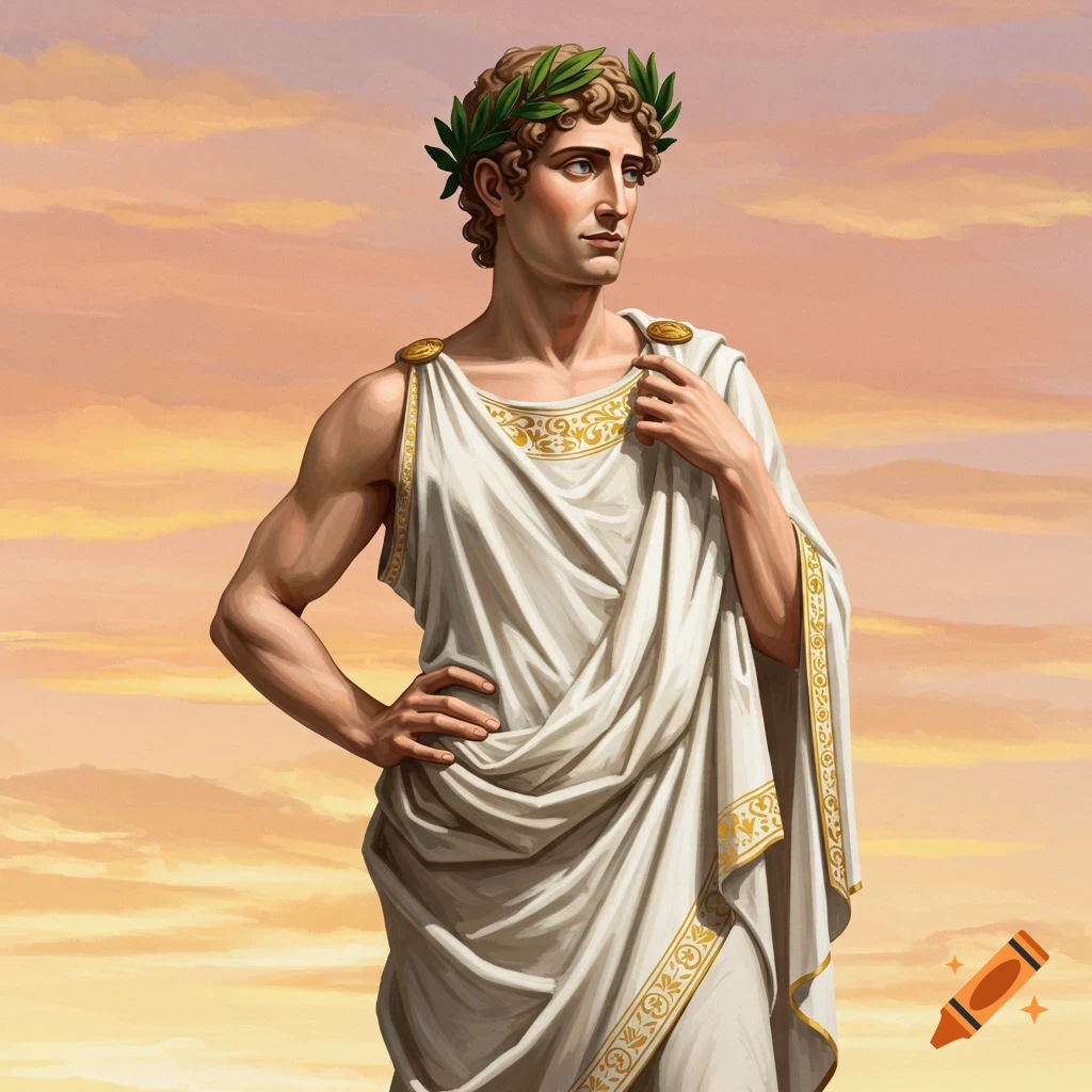 A man in a white toga and laurel wreath stands against a sunset sky.