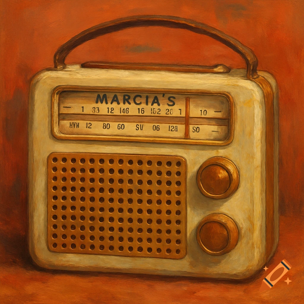 Oil painting of a vintage radio with 'Marcia's' on the dial