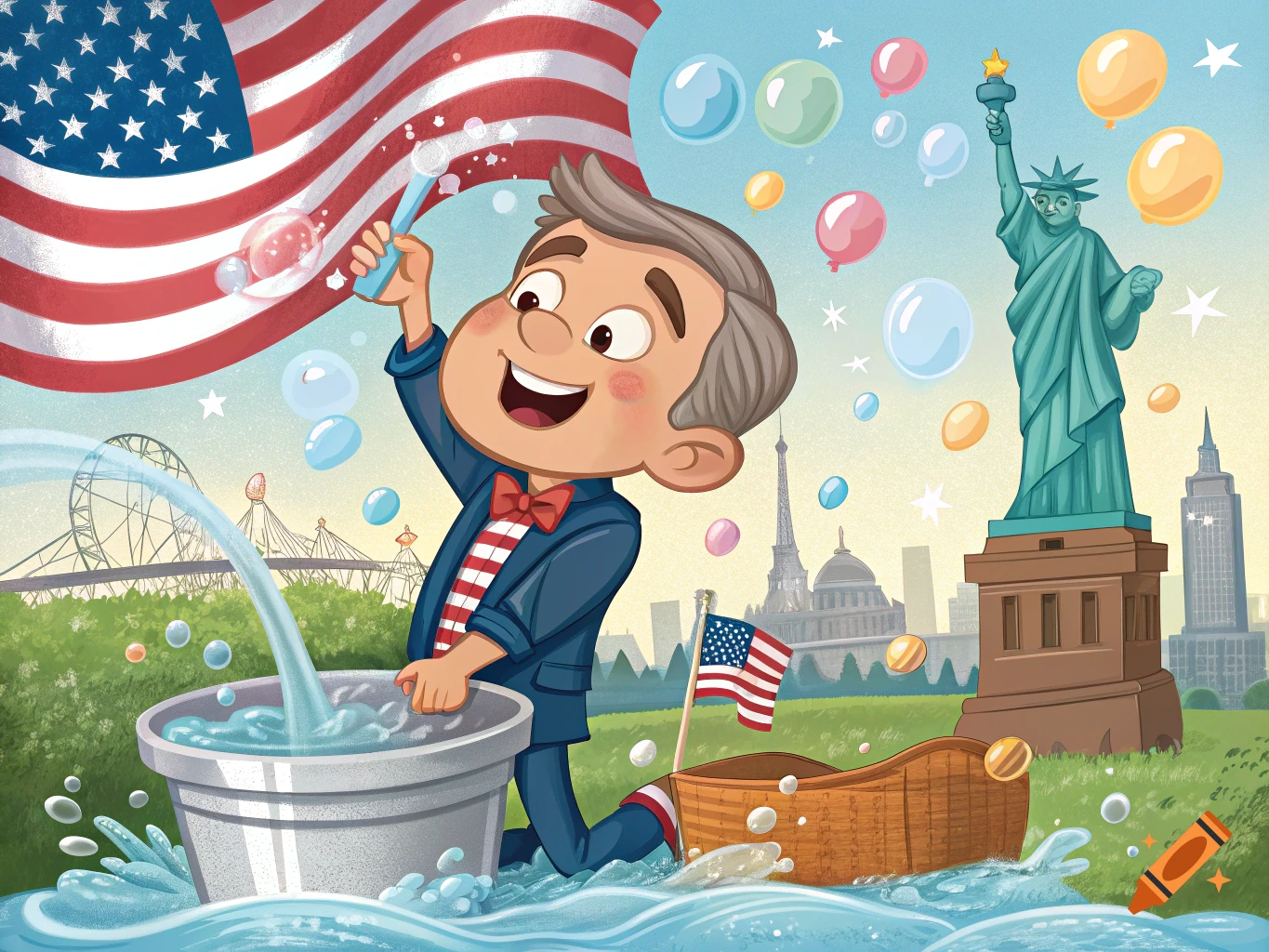 Cartoon boy washing with large US flag and Statue of Liberty background.