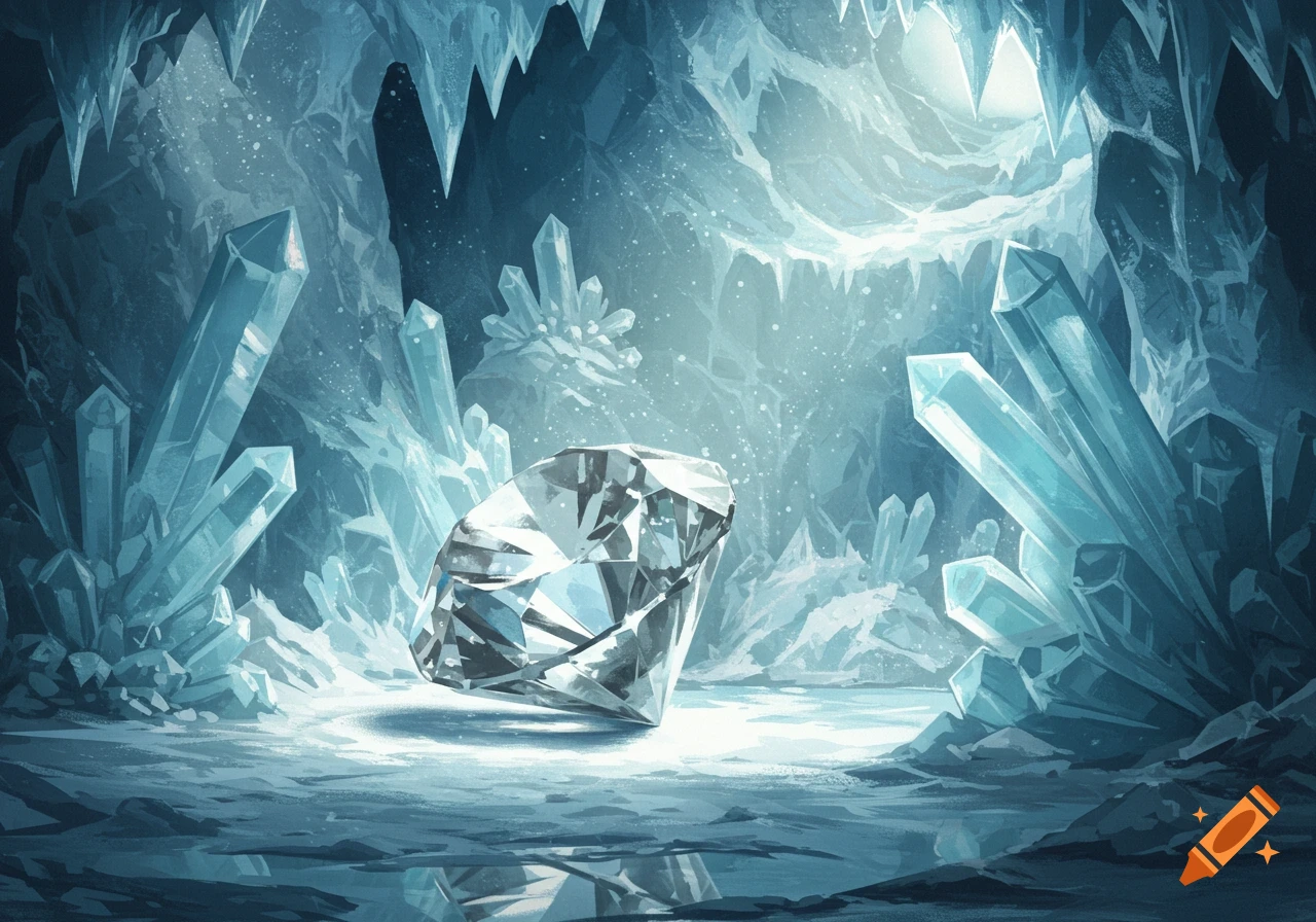 A large diamond lies on the ice floor inside a dark, crystal-filled cave.