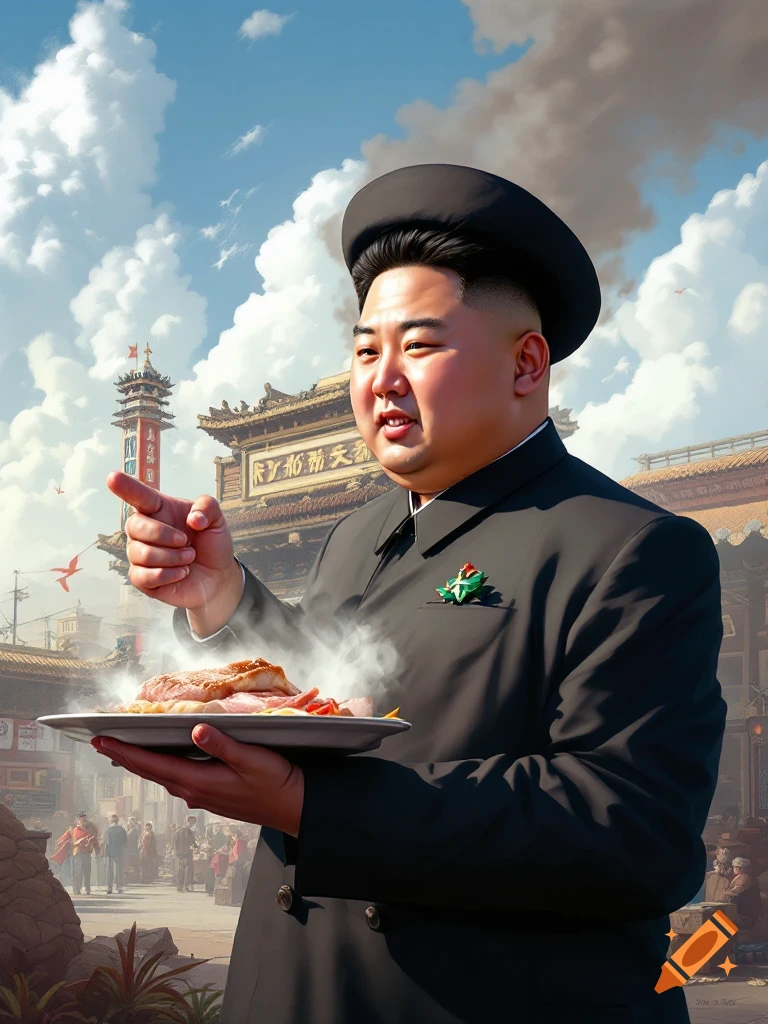 A person resembling Kim Jong-Un holds a plate of steaming meat in a detailed digital painting of a bustling Asian street scene.