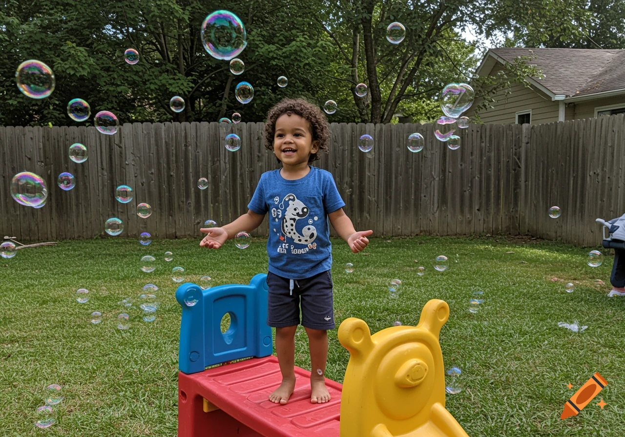 A happy child stands on a playset in a backyard, surrounded by floating bubbles.