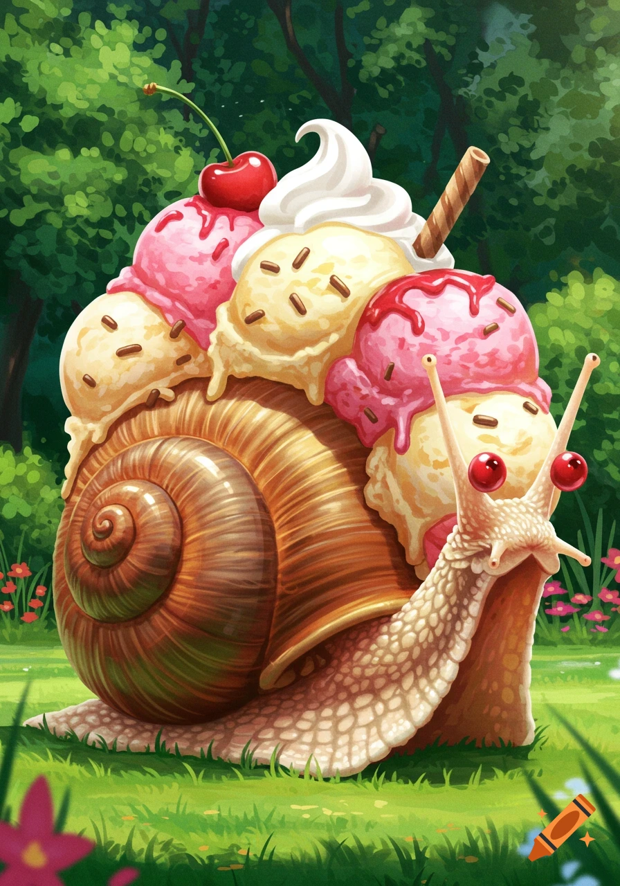 A whimsical illustration of a snail with ice cream on its shell in a garden.