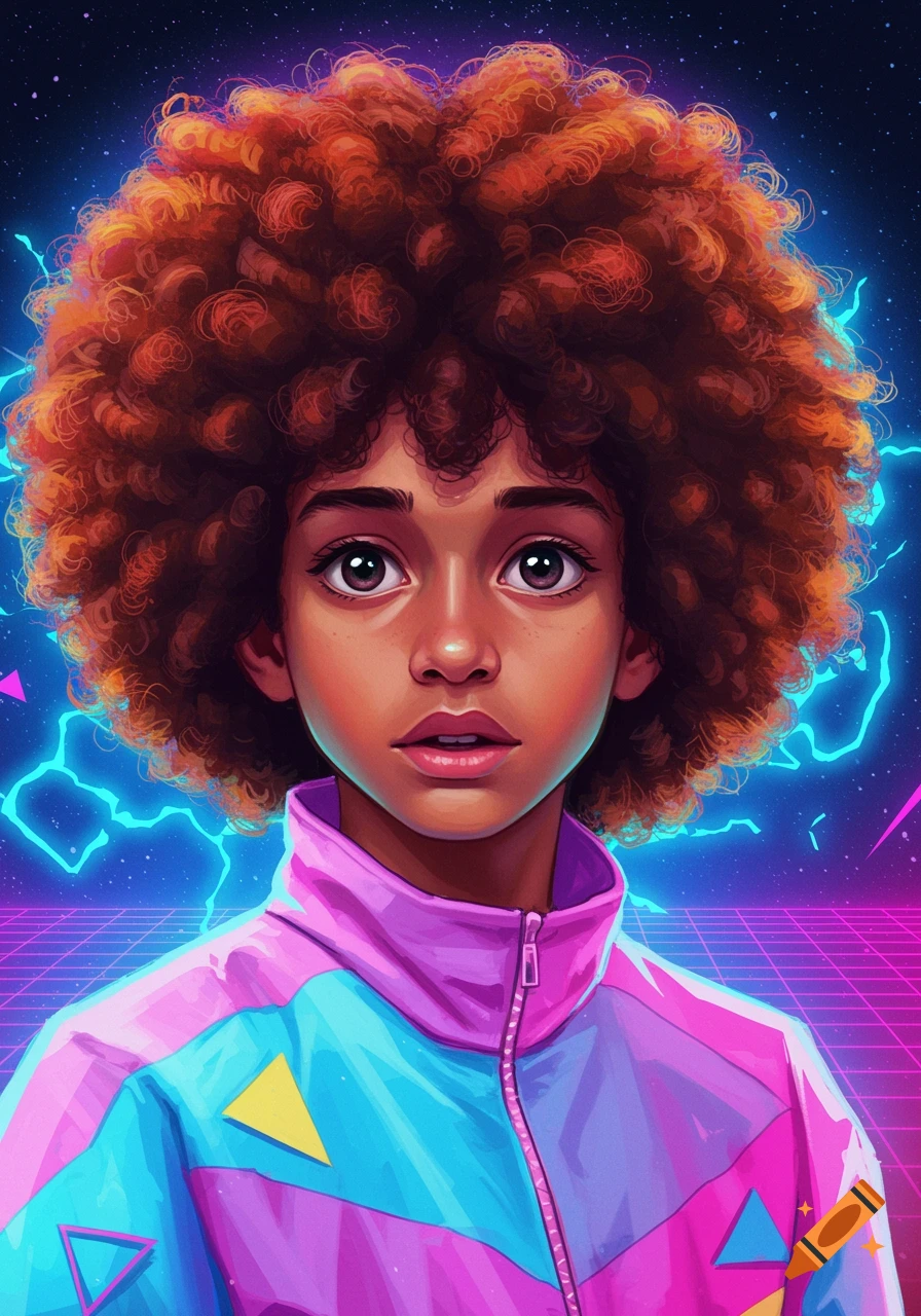 Portrait of a young person with large curly hair wearing an 80s style track jacket in a synthwave background.