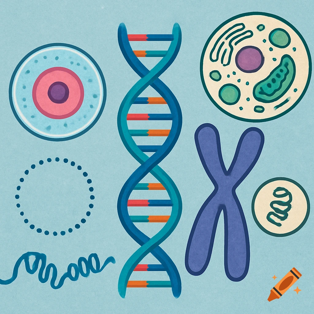 Illustration of a DNA double helix, a cell, a chromosome, and genetic material on a blue background.