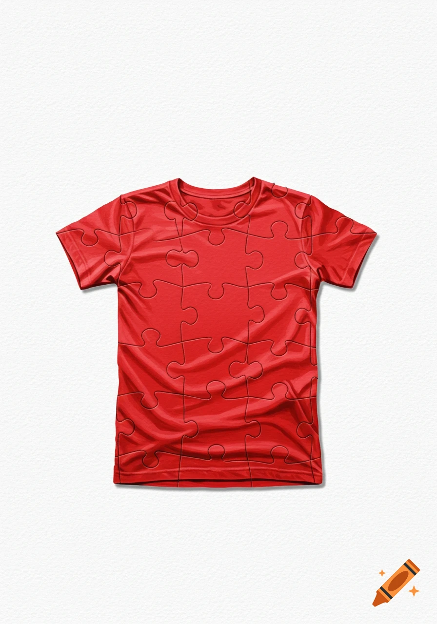 Red t-shirt with a puzzle pattern on a white background