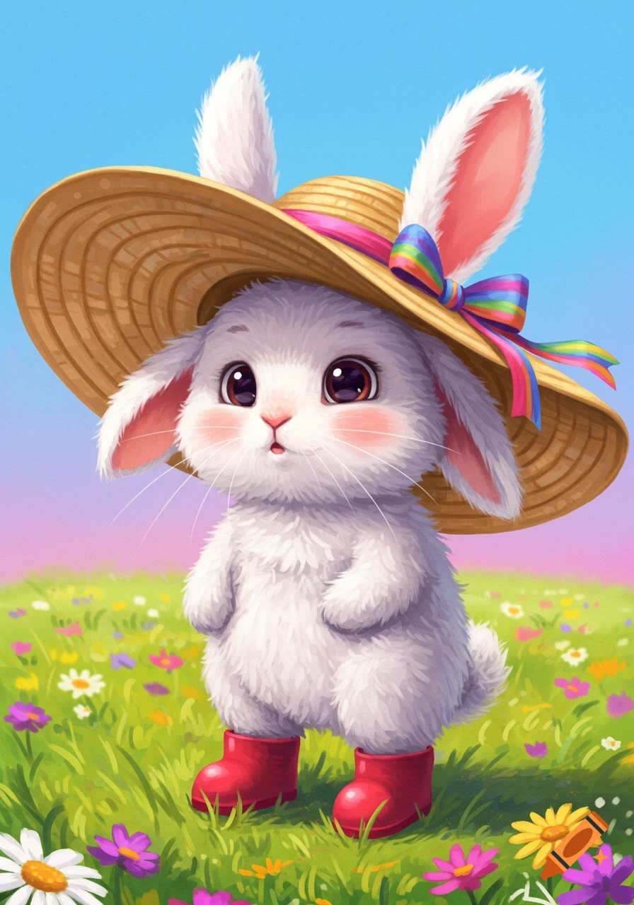 A cute bunny wears a straw hat with a rainbow ribbon and red boots in a field of flowers.