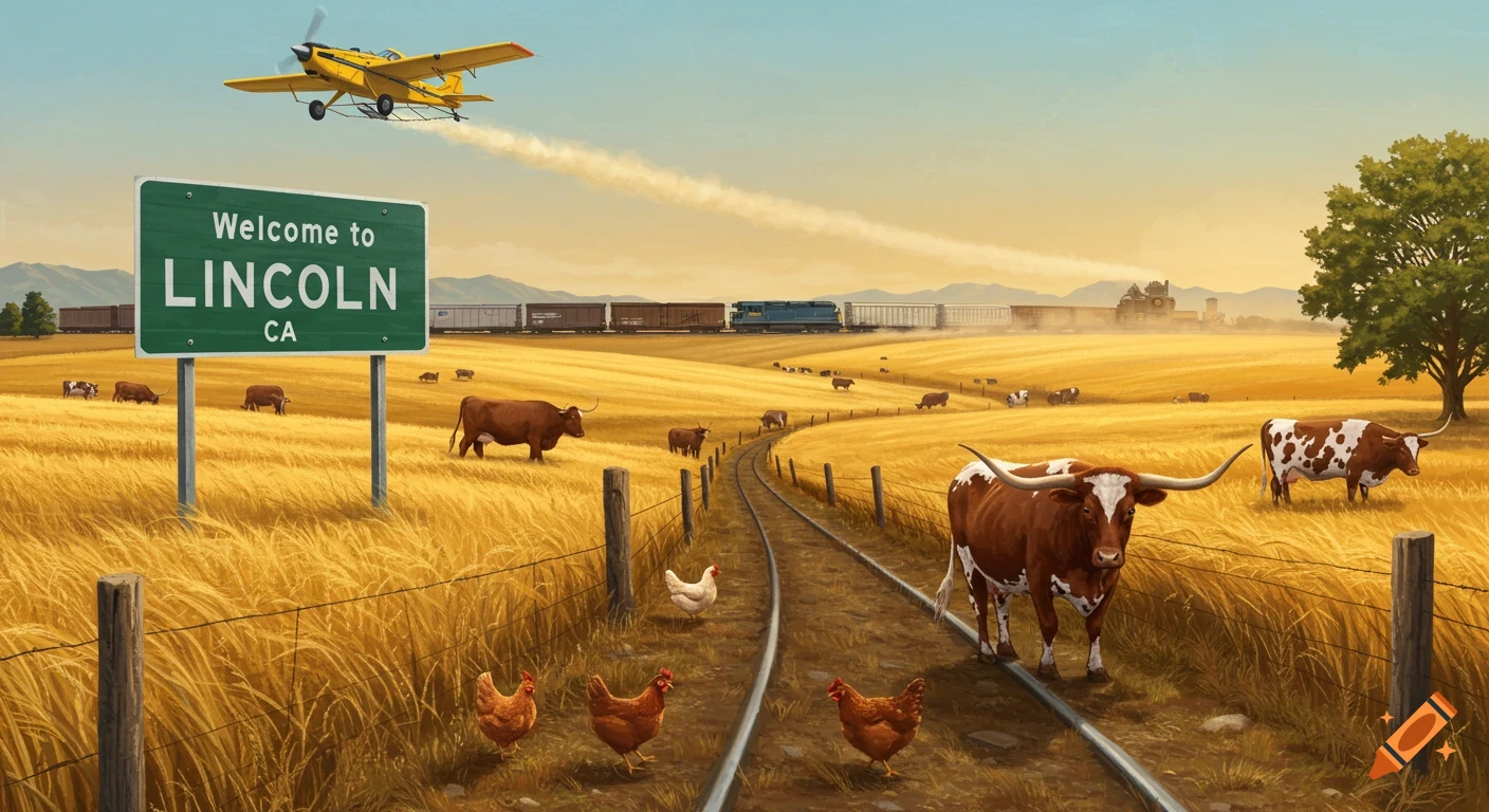 Illustration of a crop duster flying over a wheat field with a 'Welcome to LINCOLN CA' sign, train, cows, and chickens.