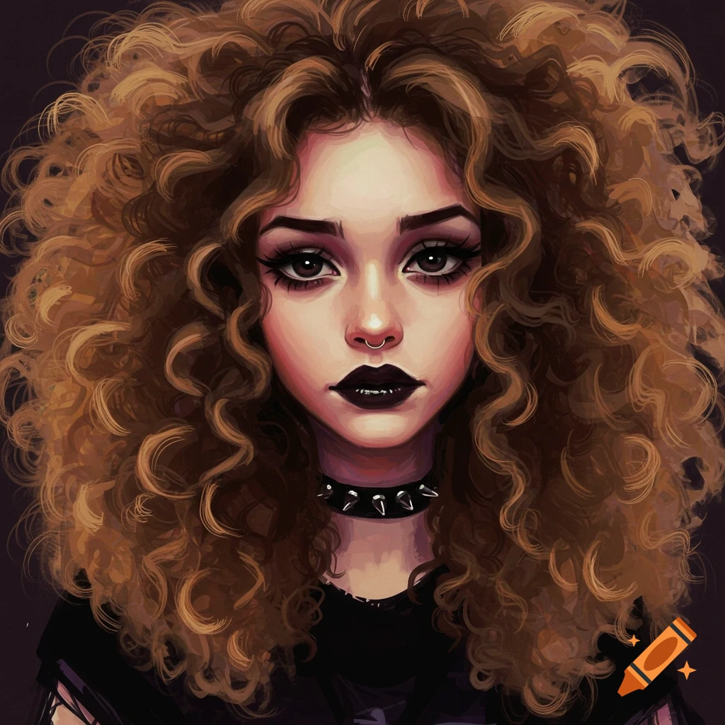 Stylized digital portrait of an emo girl with large curly hair, dark makeup, nose ring, and spiked collar.