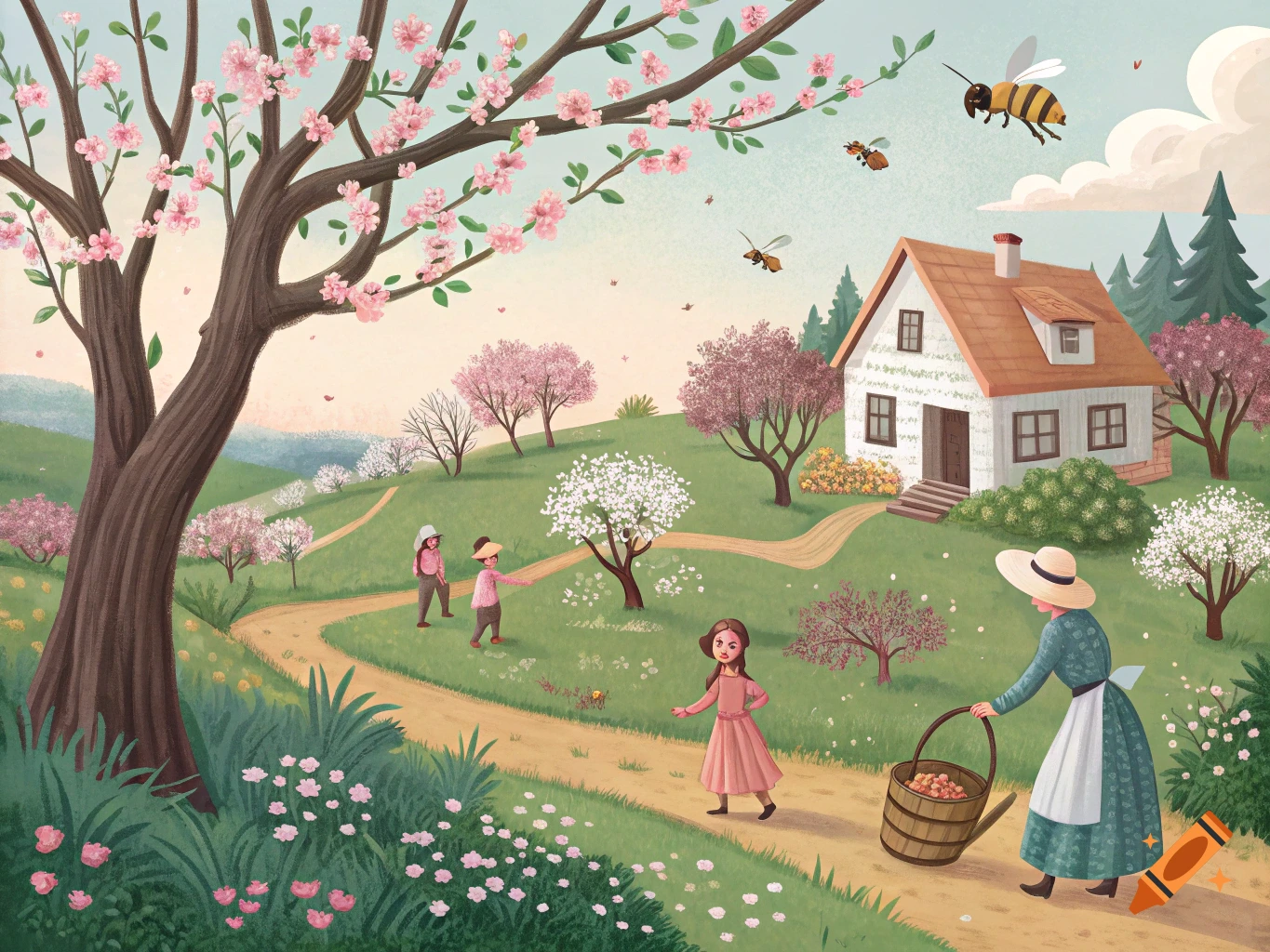 Illustration of a spring scene with people walking near a house, cherry blossoms, and bees.