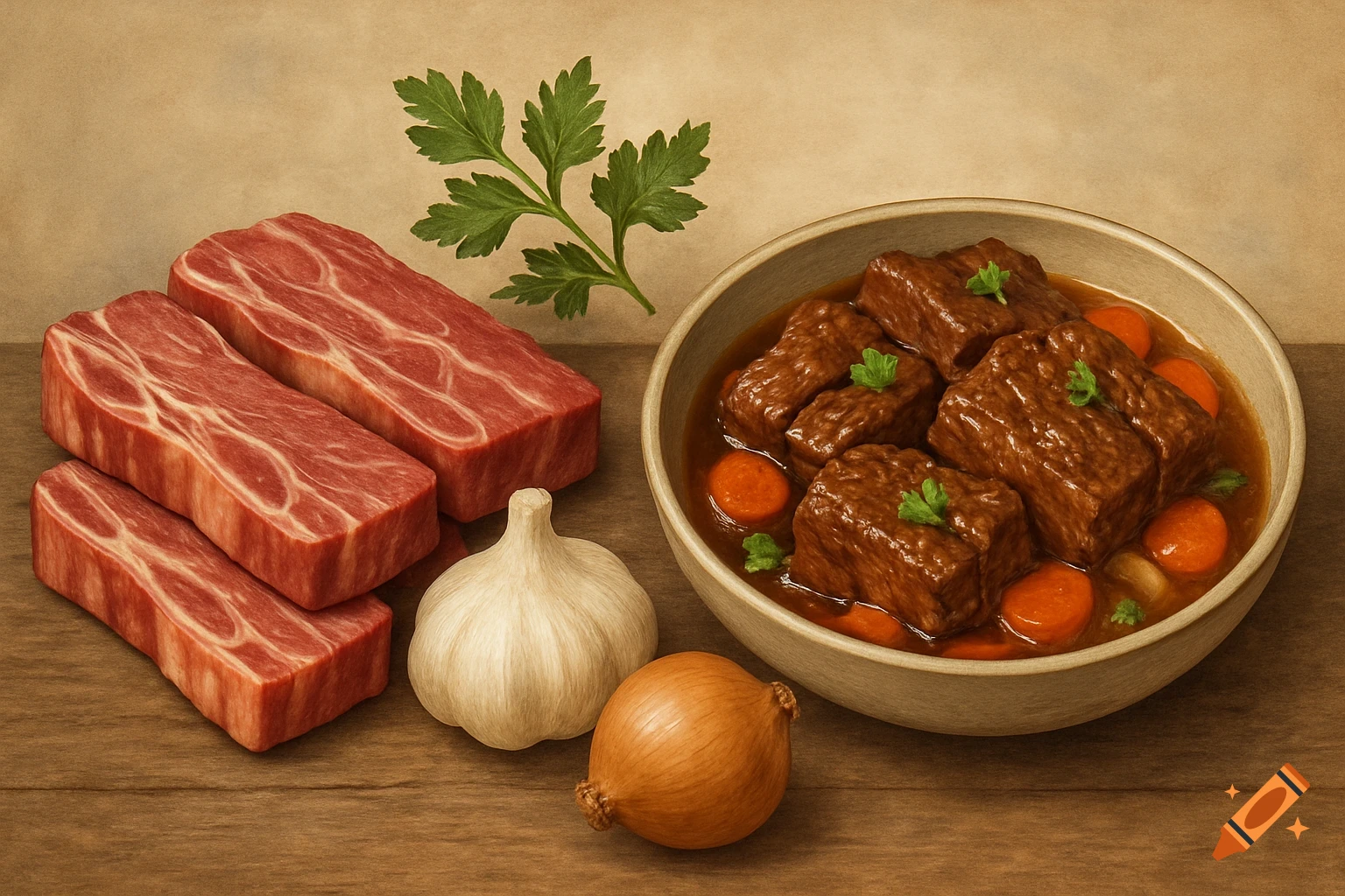 Raw beef cuts, garlic, onion, and a bowl of beef stew with carrots and herbs on a wooden surface.