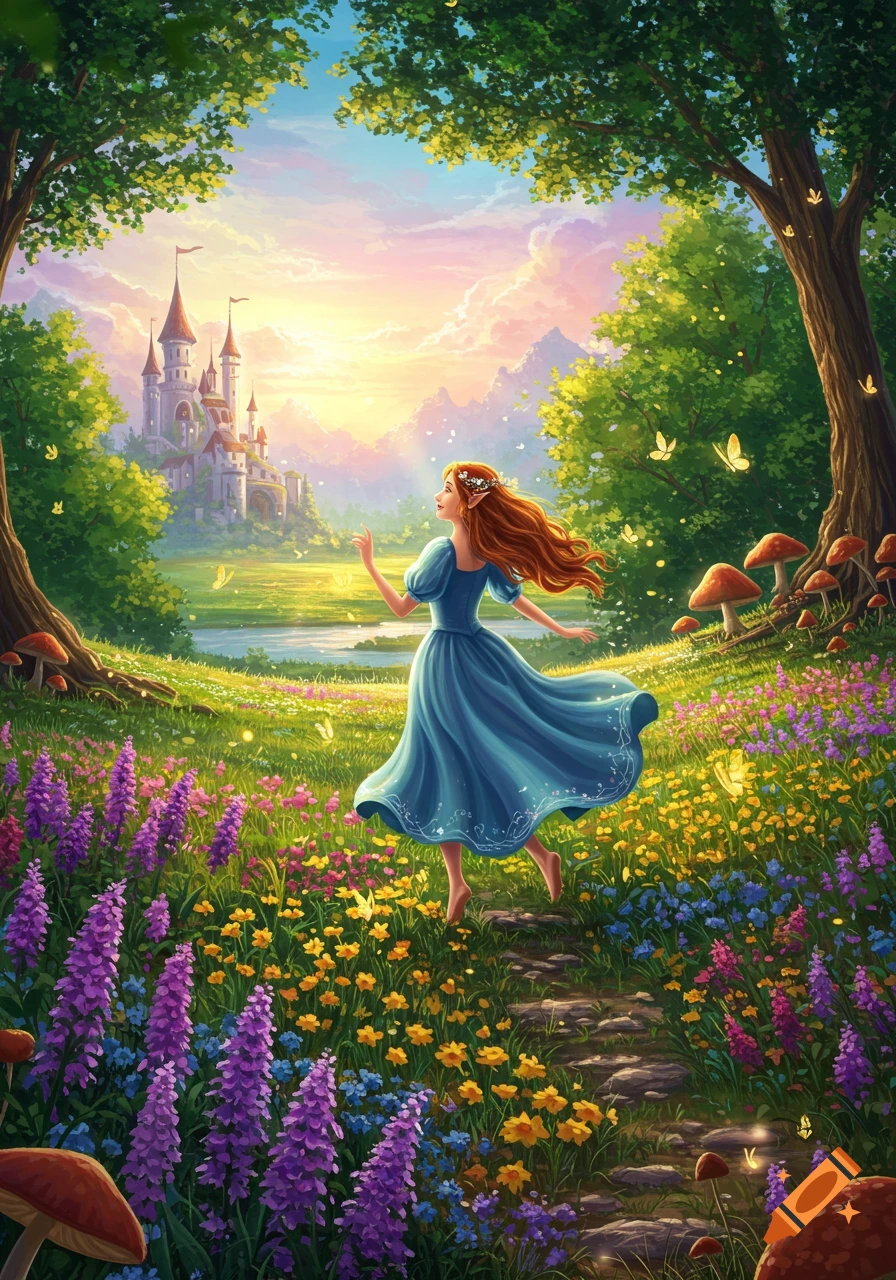 Fairytale landscape with a woman walking through a flower field towards a castle.