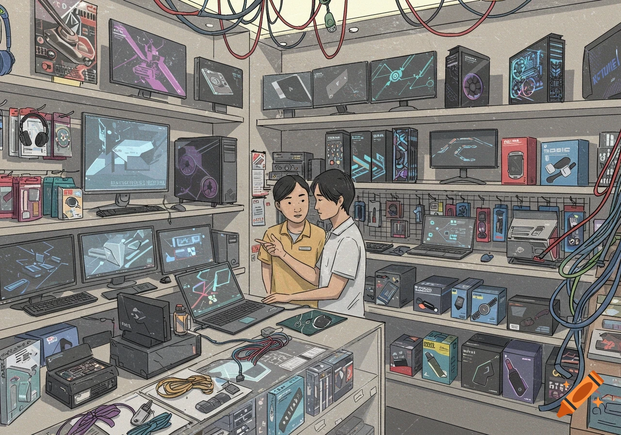 Two people look at a laptop in a drawing of a busy computer store.