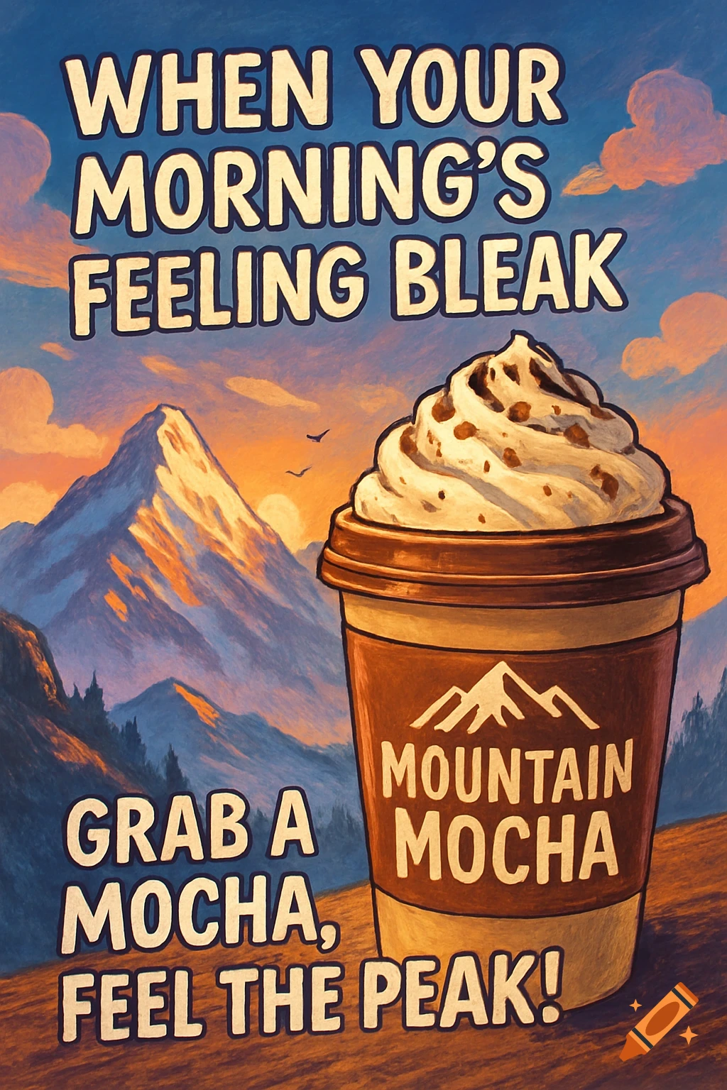 Illustration of a mocha coffee cup with whipped cream and text against a mountain and sunset background.