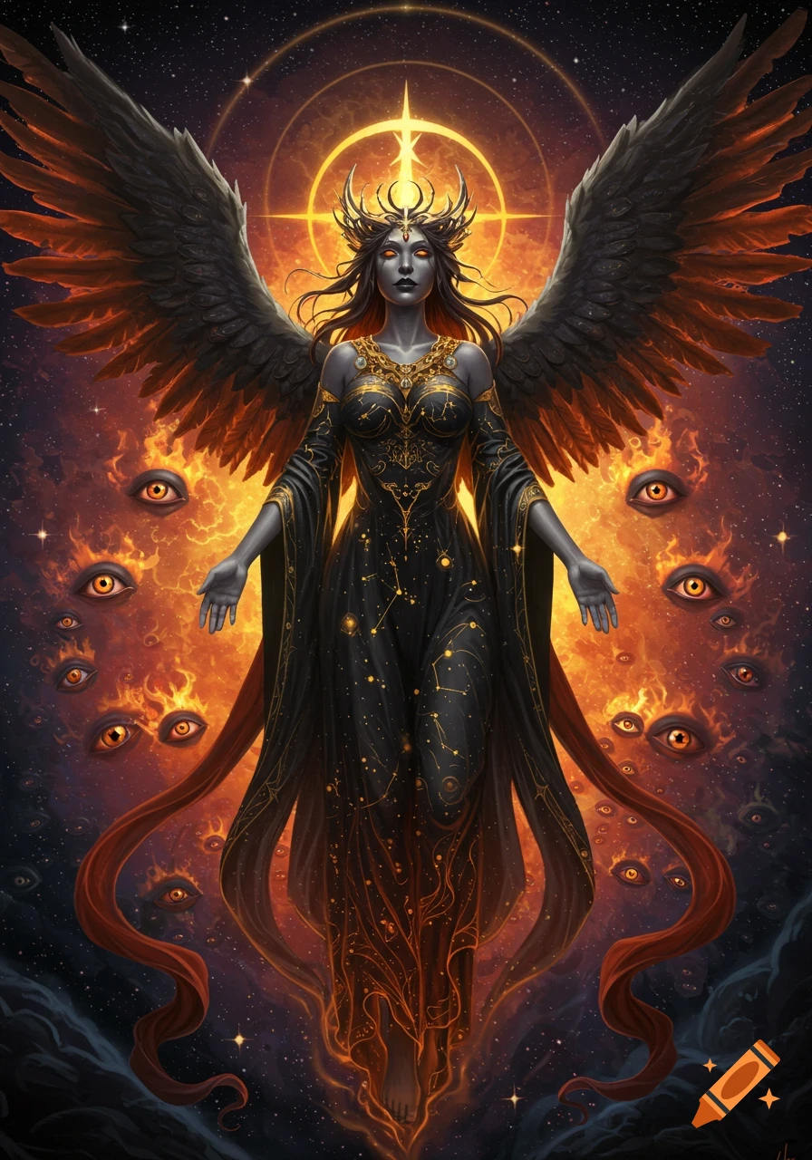 Dark winged angel in a cosmic void with many eyes, fire, and stars.