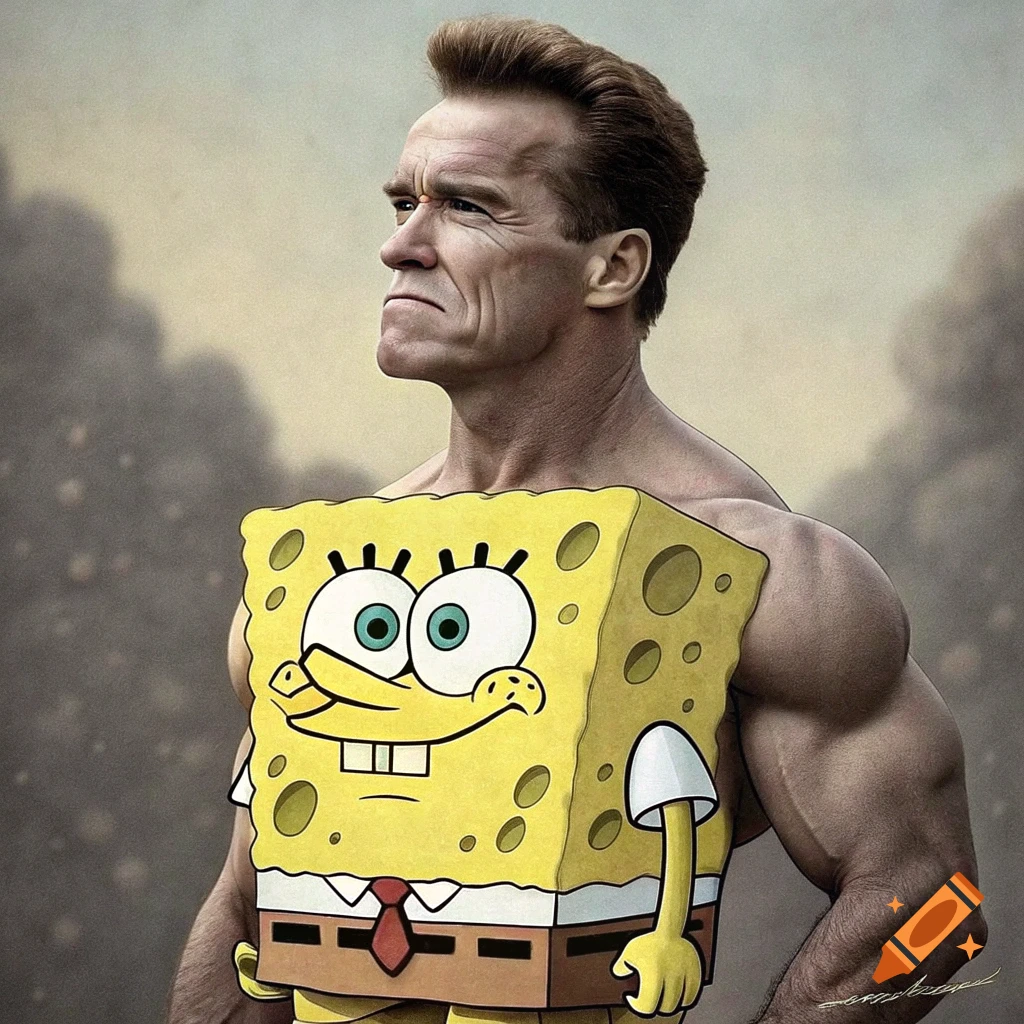 Arnold Schwarzenegger's face on Spongebob Squarepants' body, realistic portrait