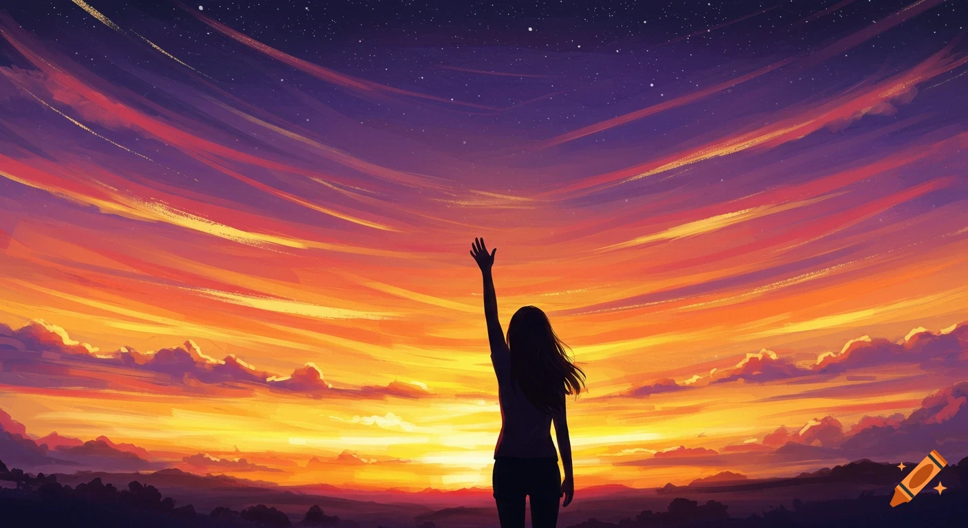 Silhouette of a woman reaching towards a vibrant orange and purple sunrise sky.