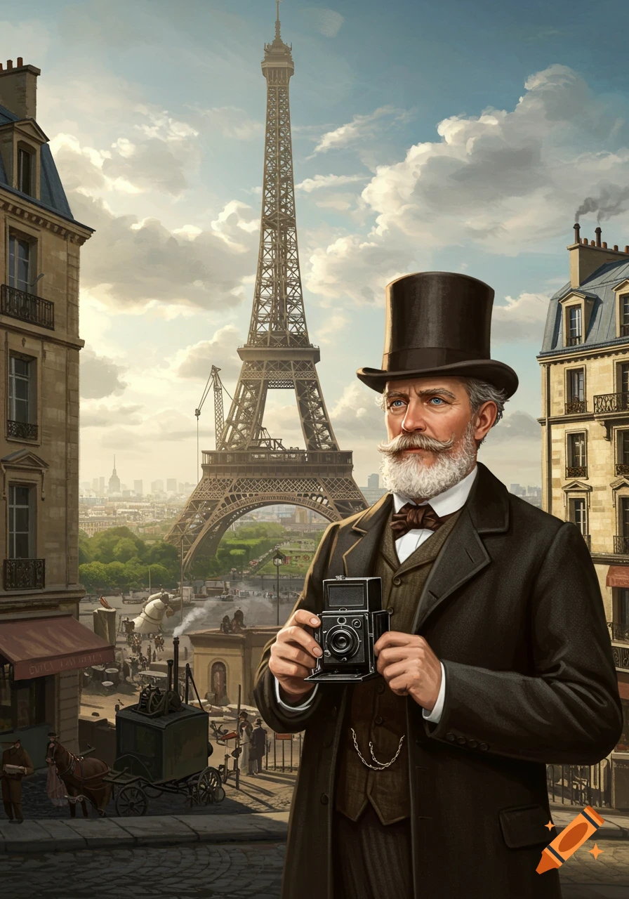 Illustration of a man with a camera and top hat in front of the Eiffel Tower in Paris.