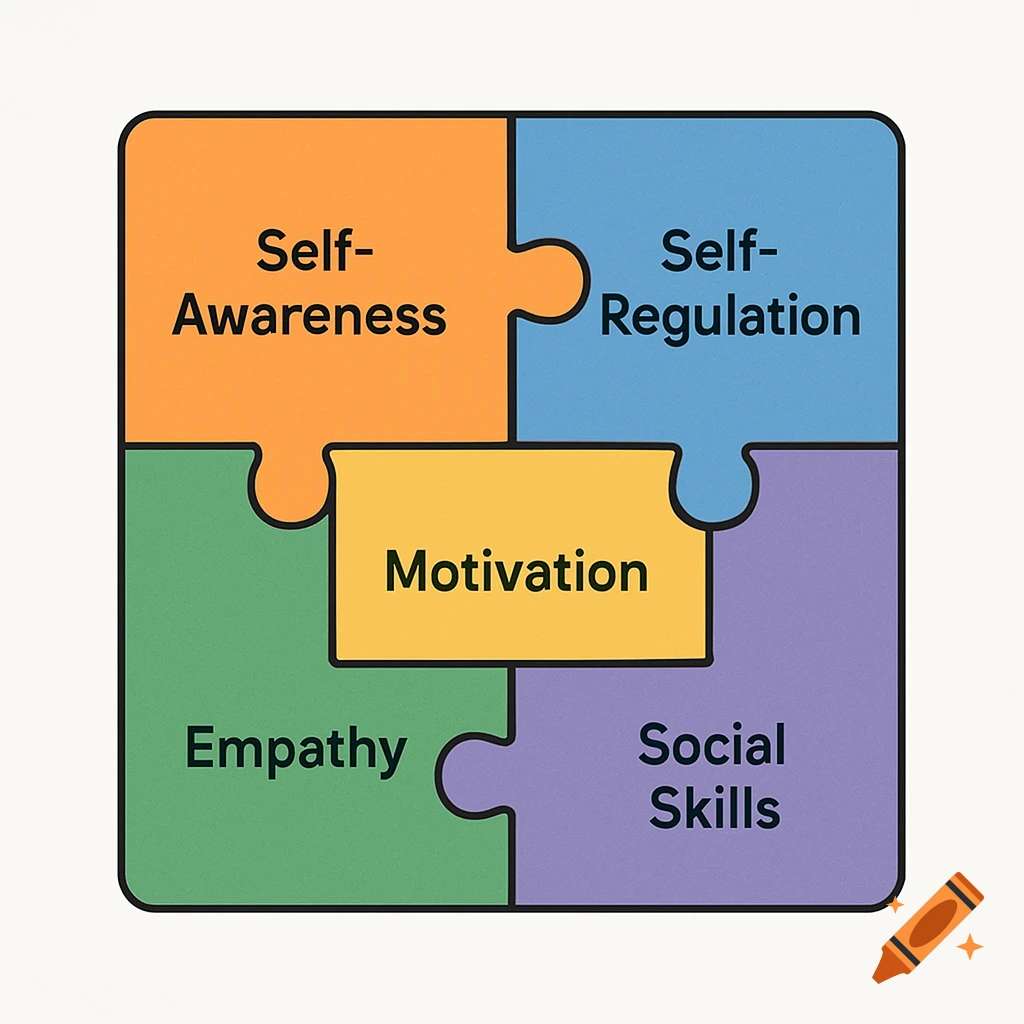 Colorful five-piece puzzle diagram with labels: Self-Awareness, Self-Regulation, Motivation, Empathy, Social Skills.