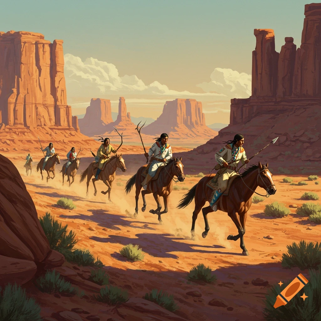 Several Native American men on horseback ride through a Monument Valley-like desert landscape at sunset in an illustration style.