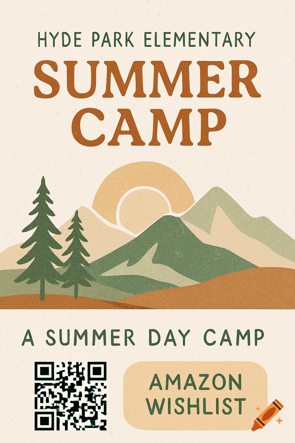 Flyer for Hyde Park Elementary Summer Camp with mountain scene and QR code.