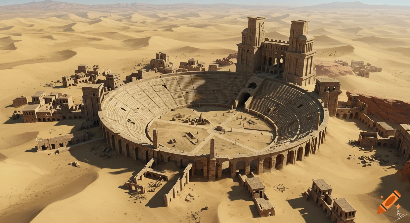Aerial view of ancient ruins including a large amphitheater partially buried in a vast desert.