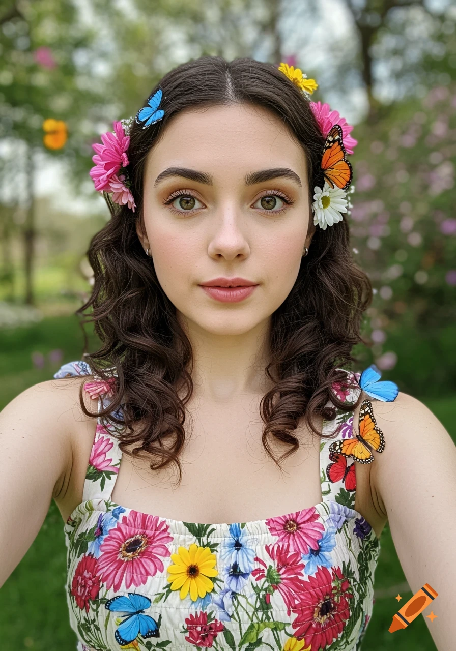 Young brunette woman with flowers and butterflies in her hair and on her dress poses for a selfie in a spring garden.