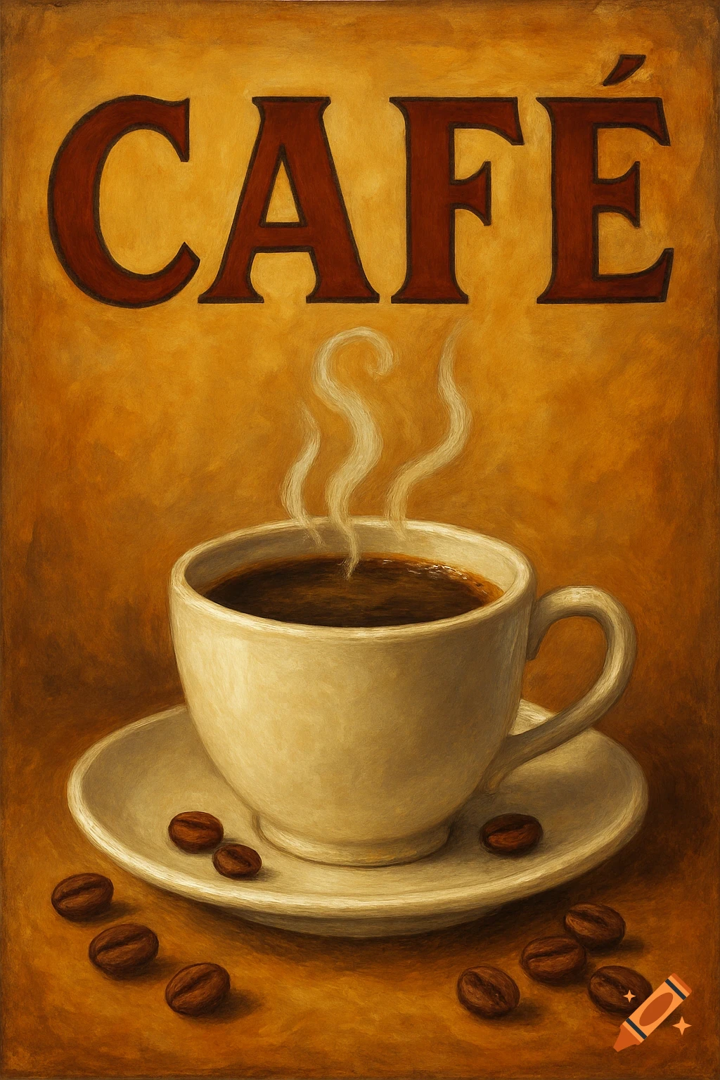 Painting of a steaming coffee cup on a saucer with coffee beans below the word CAFE.