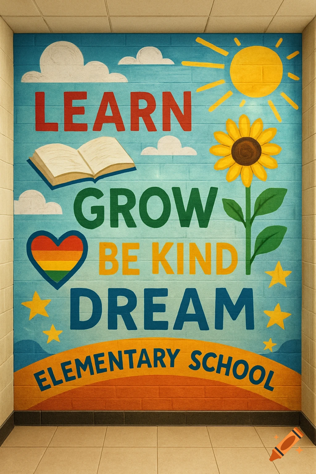 Colorful mural in a school hallway with inspirational text like 'Learn', 'Grow', 'Be Kind', 'Dream', and 'Elementary School', featuring a book, heart, sun, sunflower, and stars.
