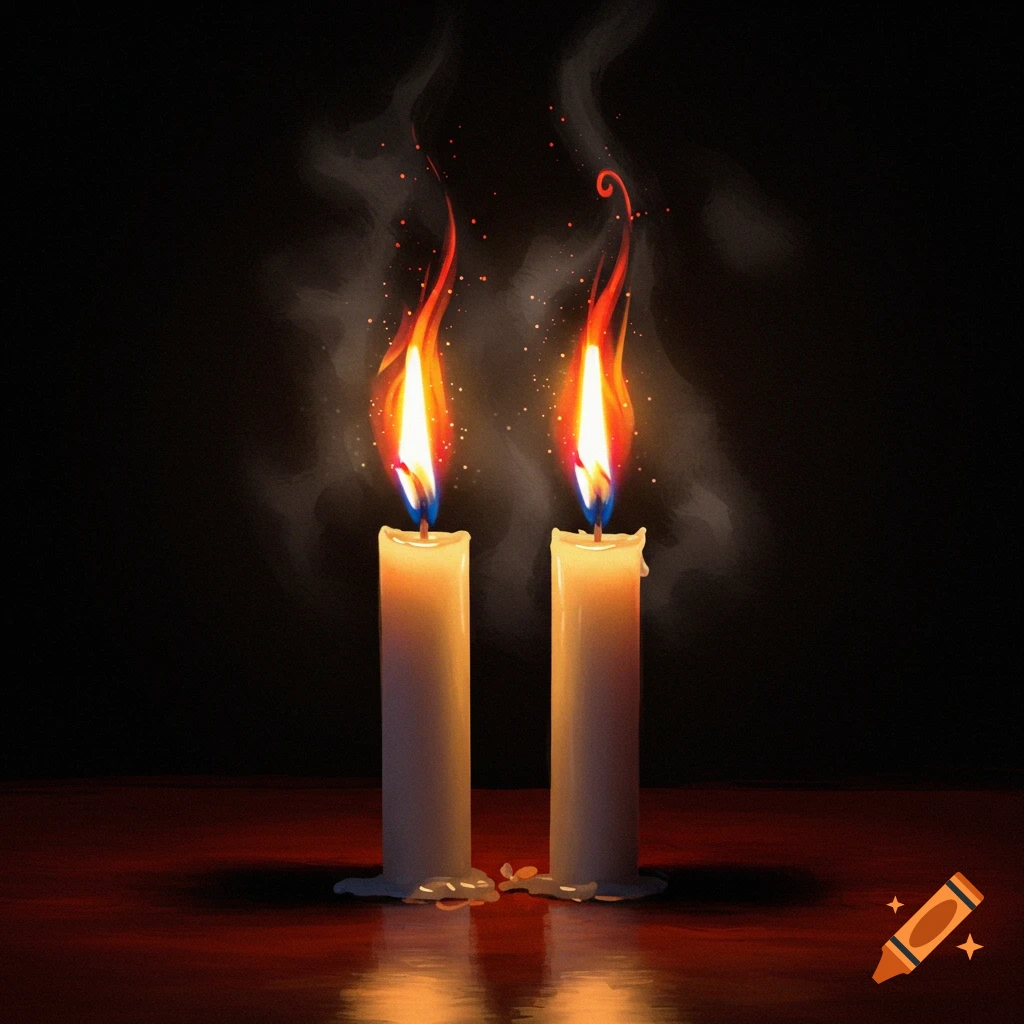 Two white candles burn brightly with intertwined flames and smoke on a dark surface