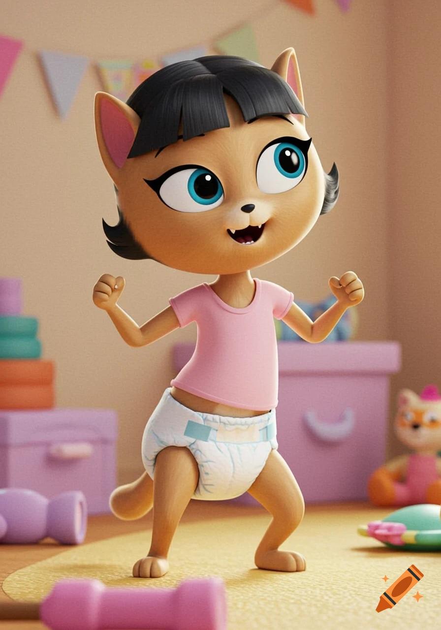 A 3D cartoon cat character in a pink shirt and diaper poses in a colorful room with toys.