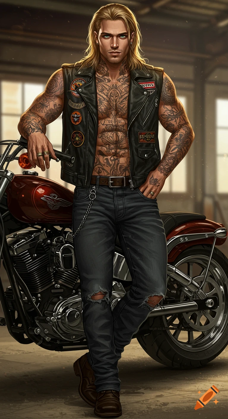 A detailed illustration of a tattooed man with long blonde hair wearing a leather vest, standing next to a motorcycle in a garage.