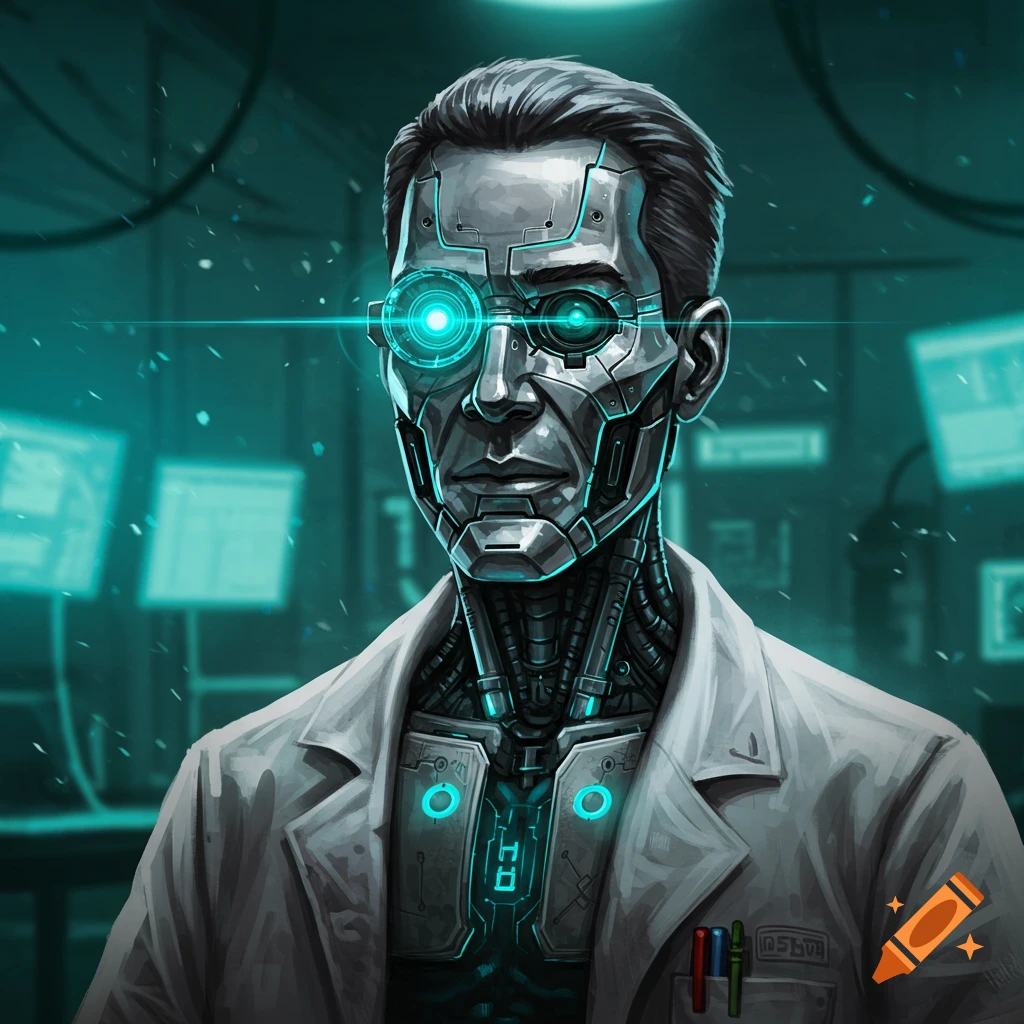 Illustration of a cyborg man in a lab coat with glowing cybernetics