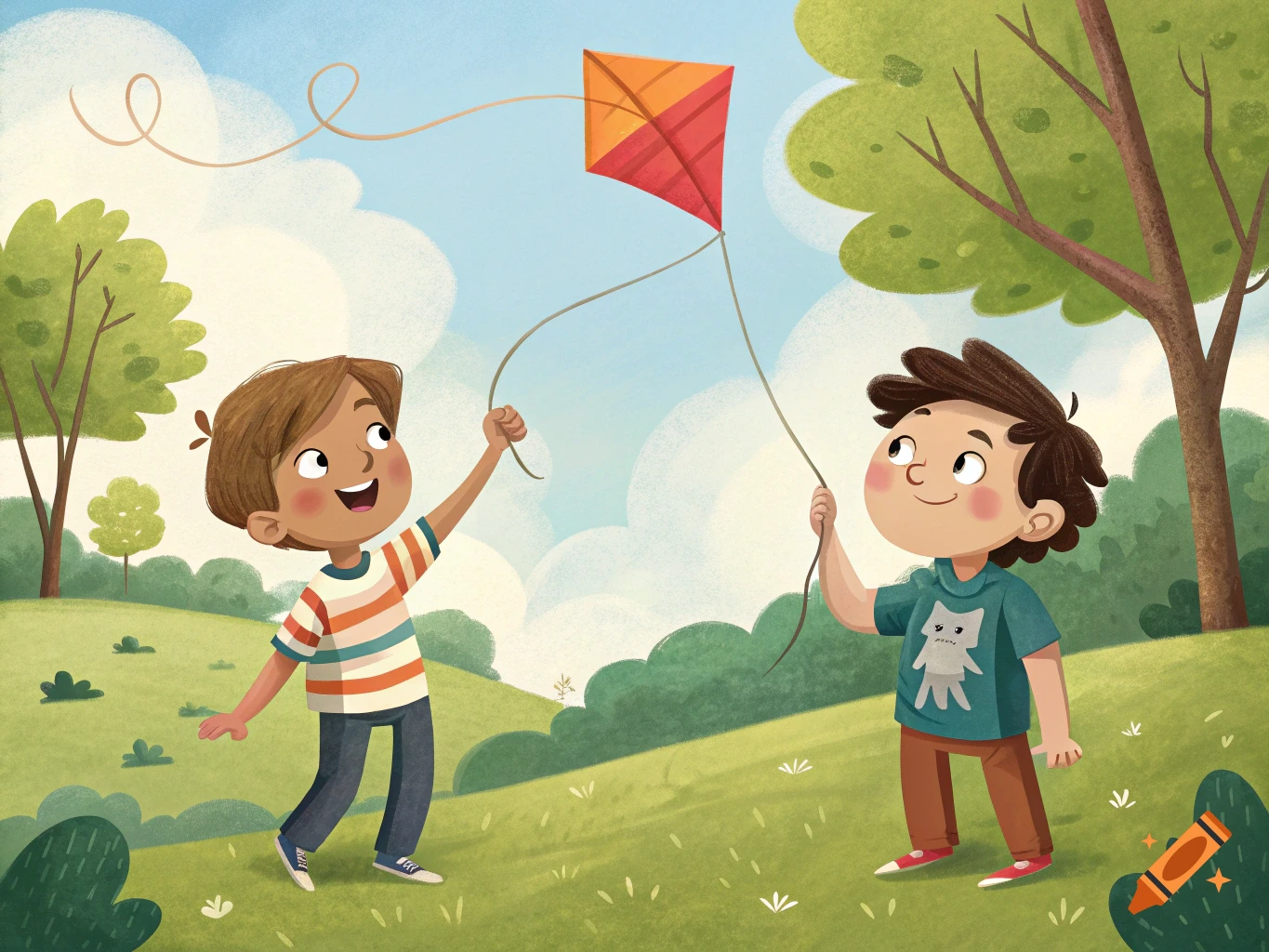 Two boys fly a red and orange kite in a park.