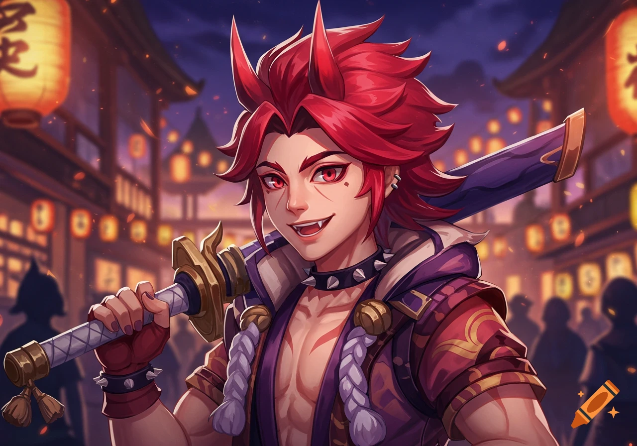 Illustration of a character with red hair and horns, holding a sword in a festive street scene, anime style.