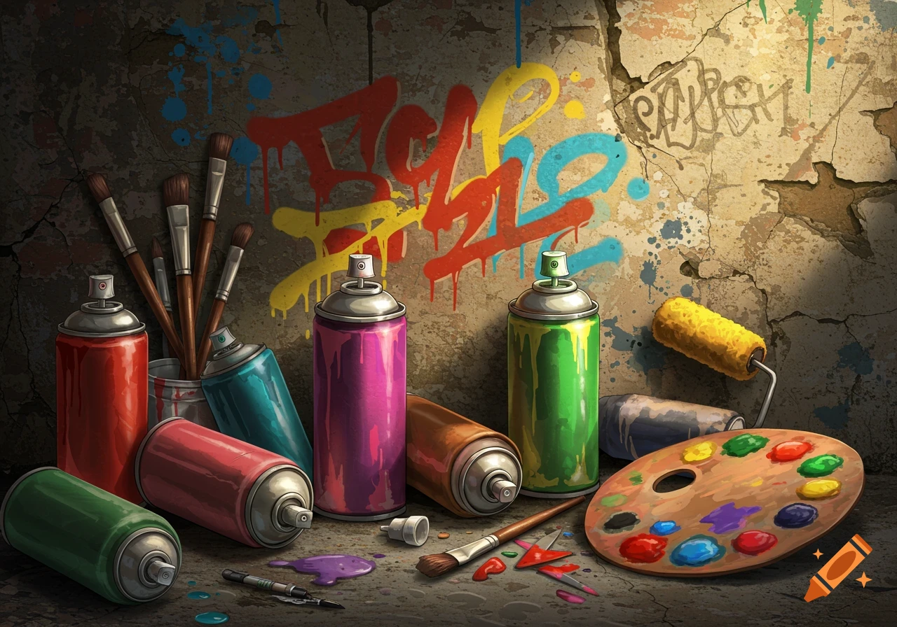 Paint cans, brushes, and palette in front of a graffiti wall
