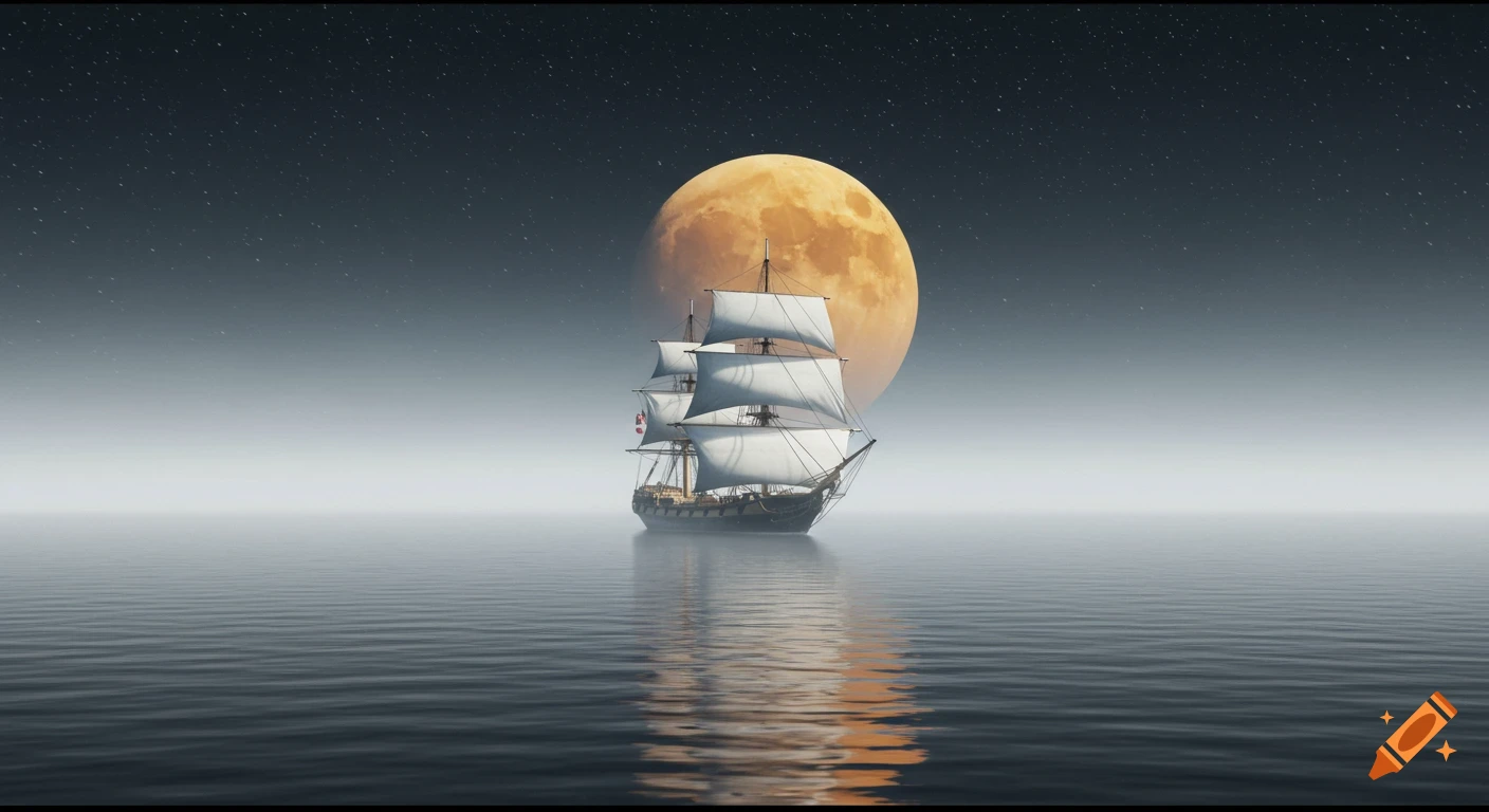Sailing ship on calm water under a large orange moon and starry sky.