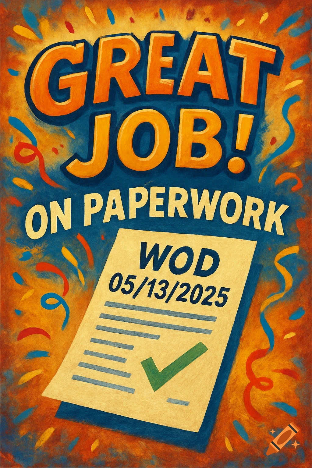 A colorful poster congratulating someone on paperwork with the text 'Great Job! On Paperwork WOD 05/13/2025' surrounded by confetti.