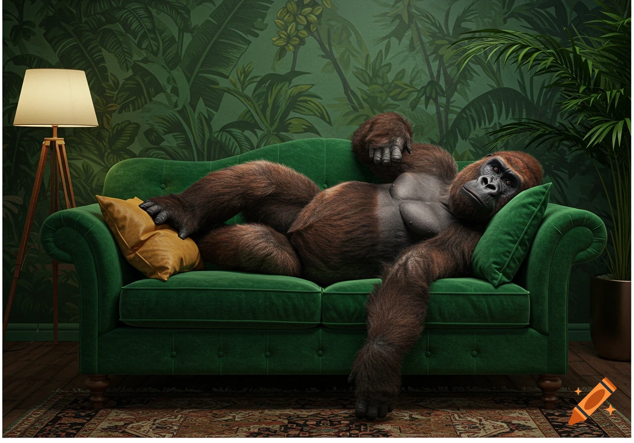 A gorilla reclines on a green couch in a room with lush green botanical wallpaper.