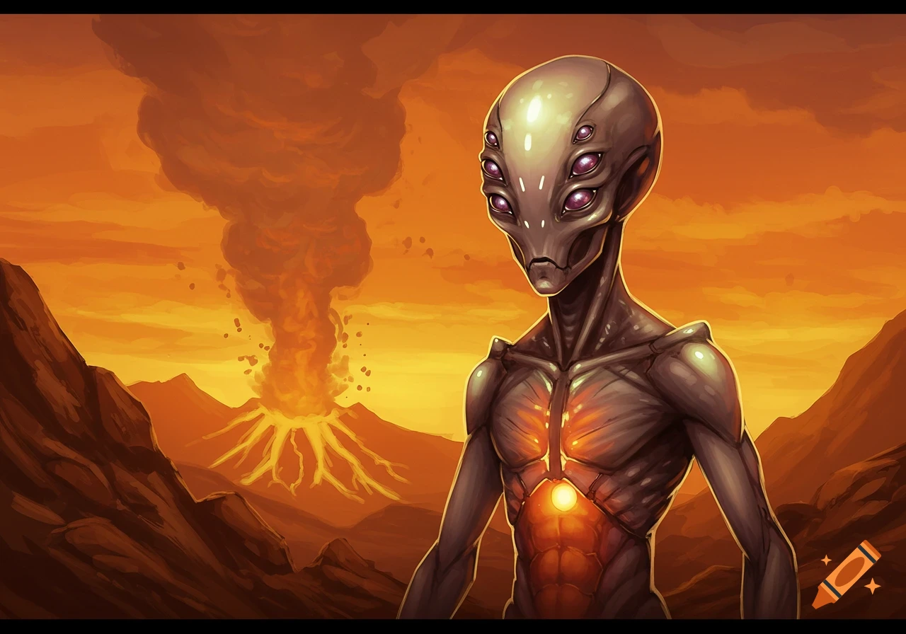 An alien with multiple eyes stands before an erupting volcano in a volcanic landscape under an orange sky.