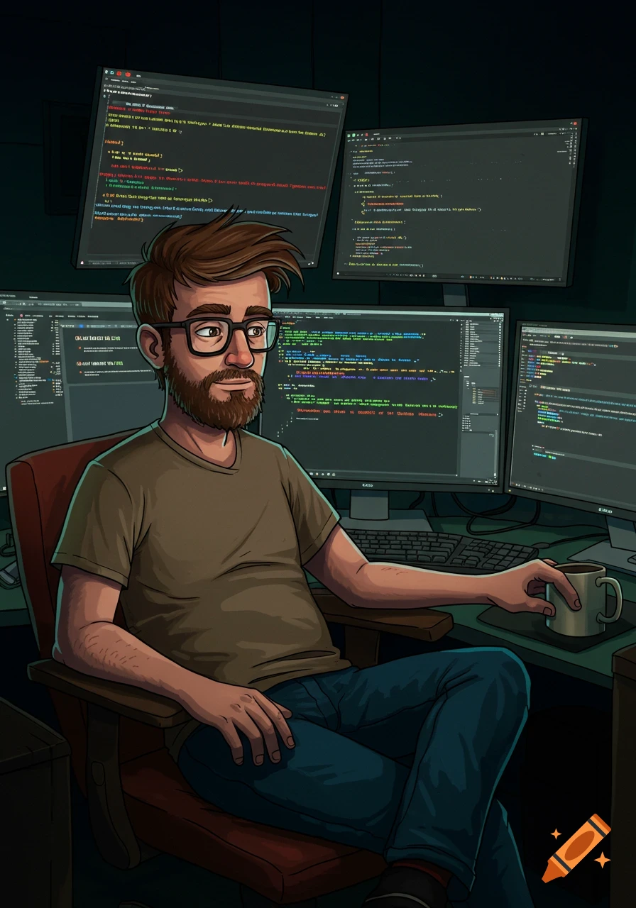 An illustration of a man with glasses and a beard sitting in front of multiple computer monitors displaying code.